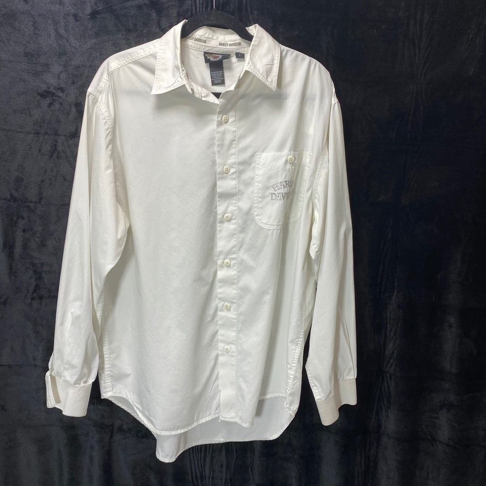 HARLEY DAVIDSON Classic White Button Down Dress Shirt Long Sleeve Logo Large
